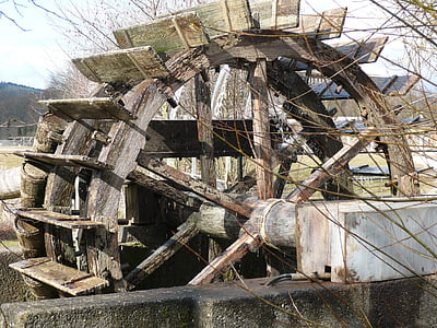 roue hydraulique, vieux, bois, bois, eau, construction