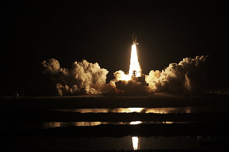launch, liftoff, night, reflection, space shuttle, discovery, spaceship