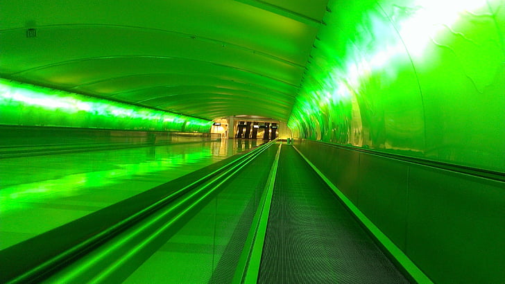 สีเขียว, อุโมงค์, สนามบิน, ทางเดิน, ทันสมัย, การขนส่ง, ความเร็ว