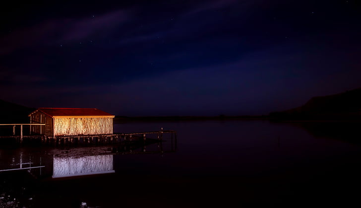 Boathouse, søen, vand, refleksioner, nat, Nighttime, mørk