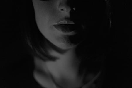 black-and-white, close-up, female, lips, nose, person