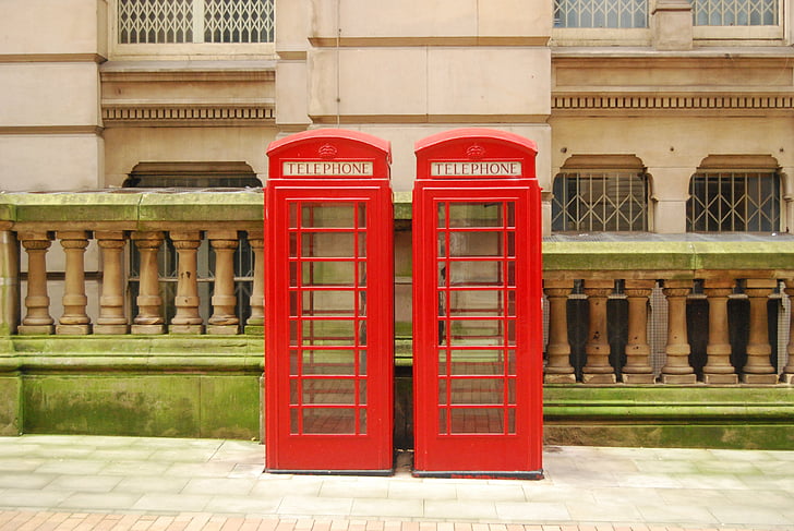две, телефон, кабини, червен, телефонна будка, град, тротоара