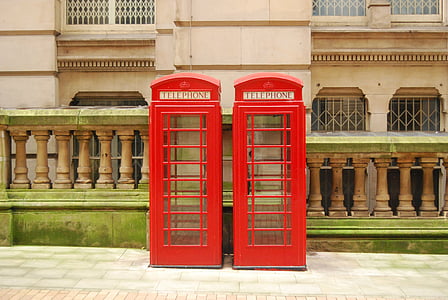 two, telephone, booths, red, telephone booth, city, sidewalk