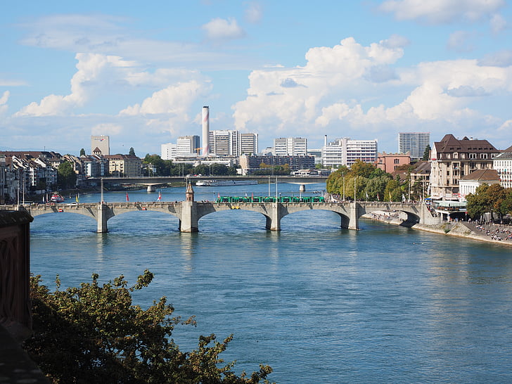 Basel, grad, pogled na grad, kuće, šetalište, Rajna, Rijeka