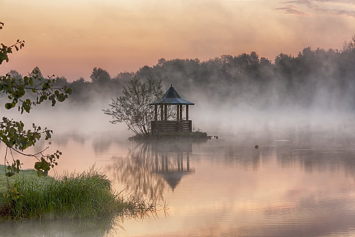 lake, dawn, water, pond, tranquility, reflection, fog