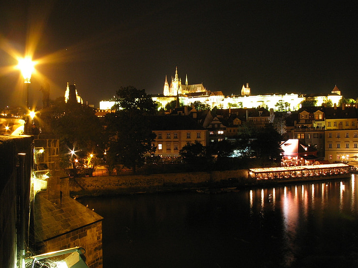Praha, Praha, slottet, natt, Night Foto, lykt, wetława