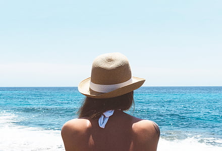 mujer, marrón, lazo, sombrero, frente, mar, agua