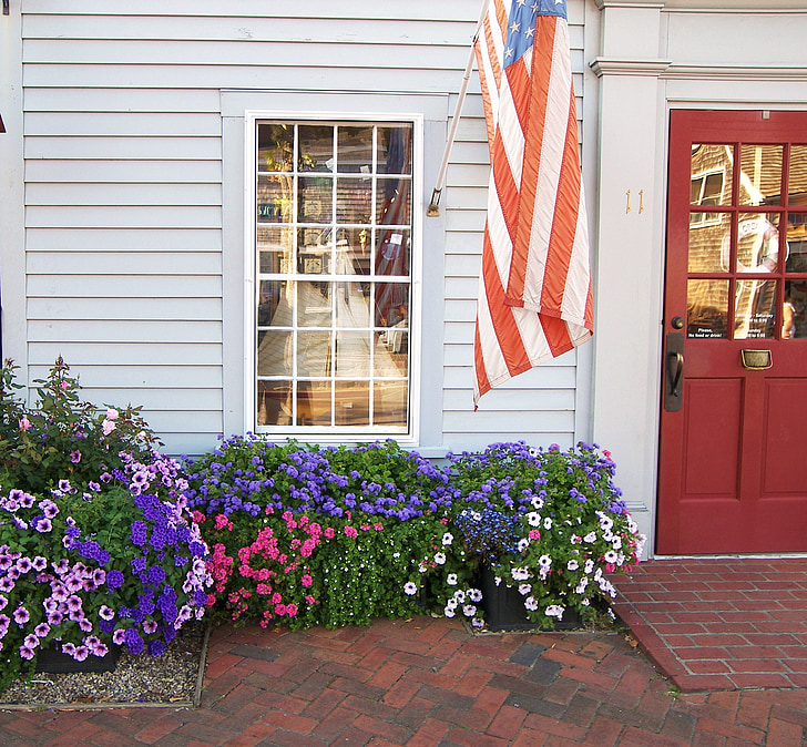 flowers, seasonal, ornamental, garden, flag, bricklined, walkway