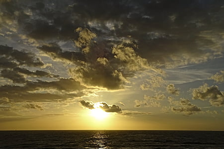 zamračenou oblohou, Severní moře, Západ slunce, výhled na moře, Příroda, obloha, relaxace