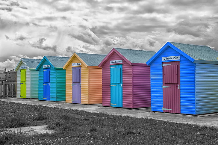 beach, huts, holidays, colorful, multi colored, in a row, sand