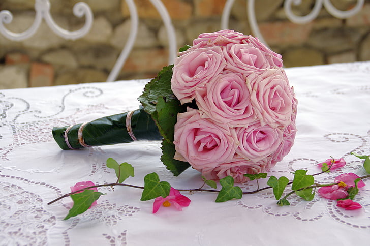 līgavas pušķis, rozes, ziedi, puķe, rozā, kāzas