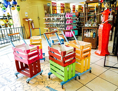 souvenirbutik, farverige indkøbsvogne, viser, festlig, rejse, turister, gaver