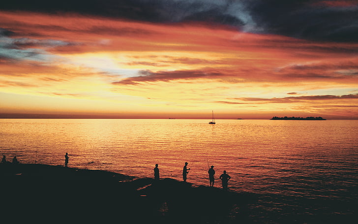 backlit, beach, dawn, dusk, fishing, horizon, lake
