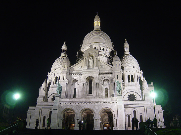 kirke, Sacre coeur, architecutre, Paris, natt, monument, Frankrike