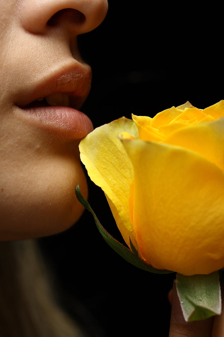 women's, face, lip, yellow, flower, model, human