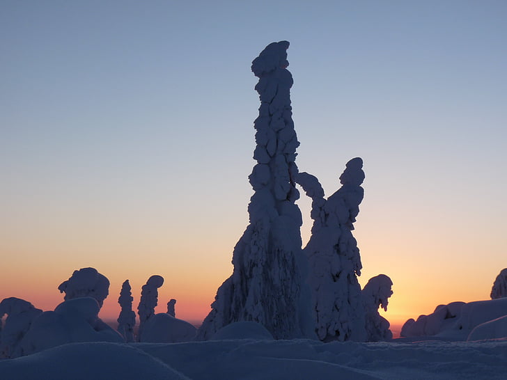 Finsko, sníh, Laponsko, Snow krajina, zapadající slunce, Příroda, Zimní