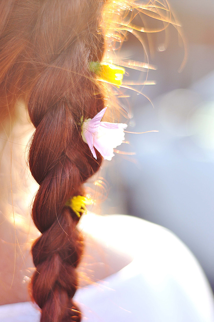 hair, braid, flowers, summer, red
