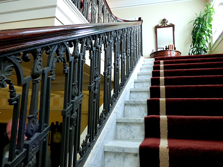 schody, schody, Vintage, Dywan, Runner, żelazną balustradą, metaloplastyka