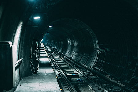dark, lights, railroad, railway, tunnel, railroad track, train - vehicle