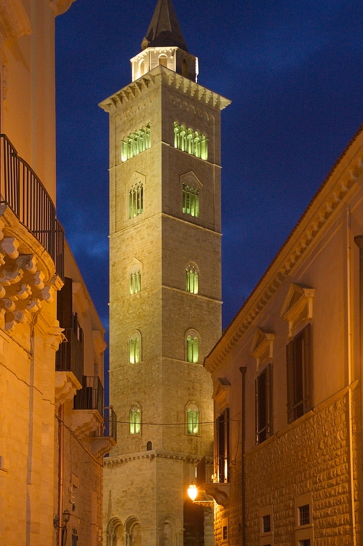 Itálie, Puglia, Trani, Katedrála, Architektura, noční, věž
