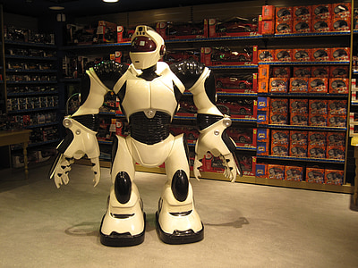 robot, játék, áruház, óriás, gép, futurisztikus, gyermekkori