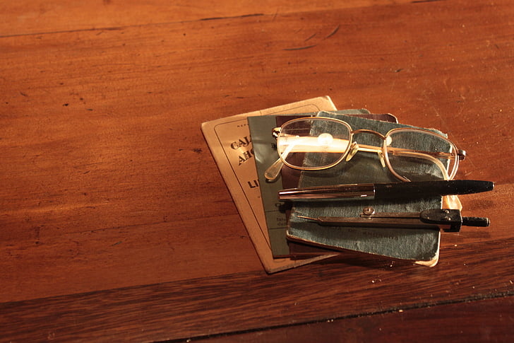 lents, vell, documents de, llibres, fusta - material, ulleres