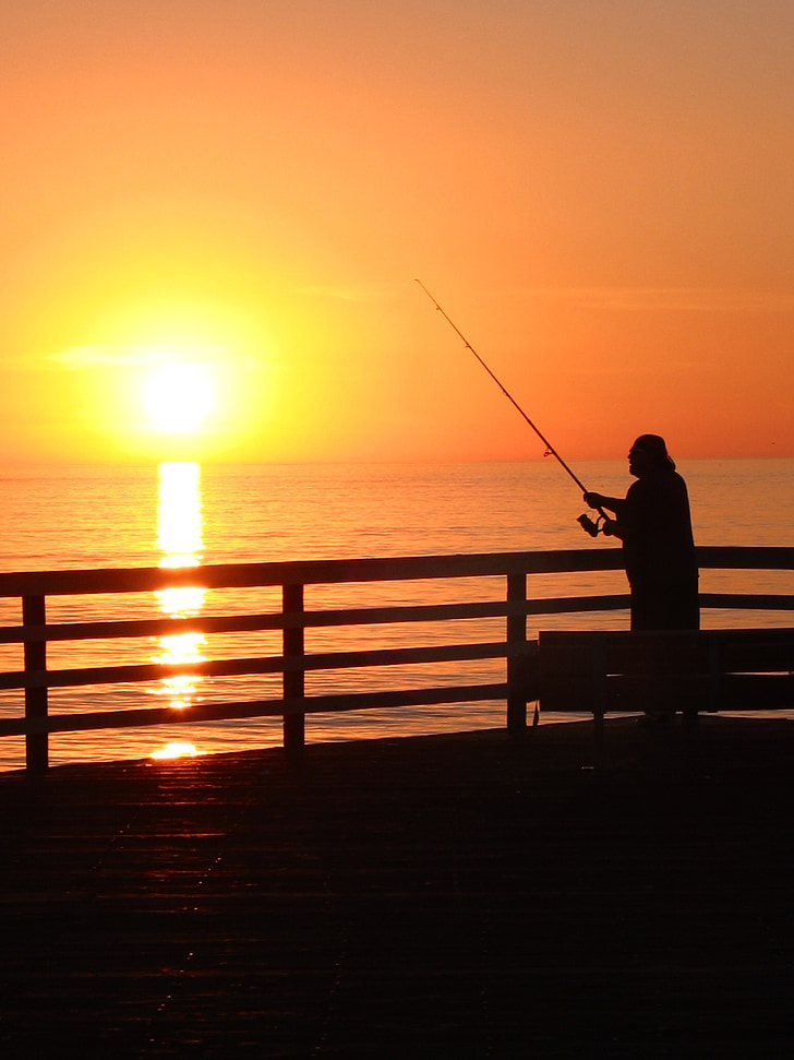 sunset, fischer, sea, fishing Rod, fishing, nature, outdoors