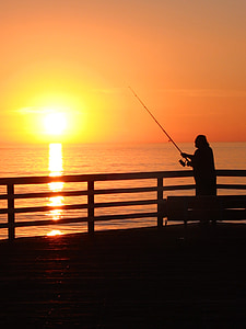 západ slnka, Fischer, more, rybársky prút, Rybolov, Príroda, vonku