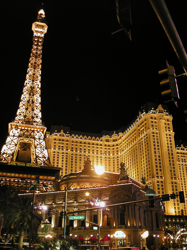 Eiffelov toranj, Las vegas, replika, noć, rasvjeta, osvijetljeni, casina