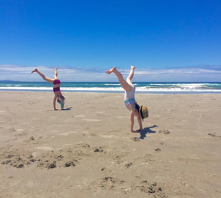 cartwheel, fun, beach, summer, active, happiness, sand