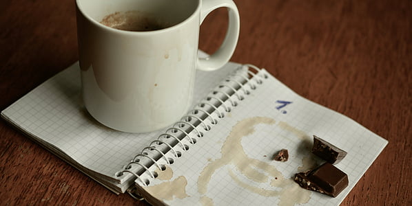 notebook, plán, dátumy, šálka kávy, prestávka, Zapíšte si, Poznačte si