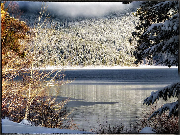 canim lake, sunny, winter, water, british columbia, canada, cariboo