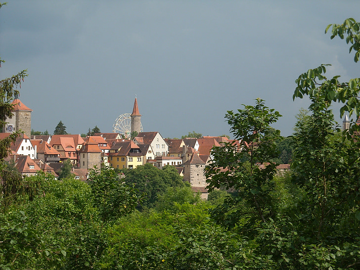 Rothenburg, Tauber, vista de la ciudad, árboles, Bush