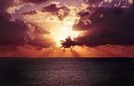 horyzont, niebo, zachód słońca, Ocean, wody, morze, Plaża