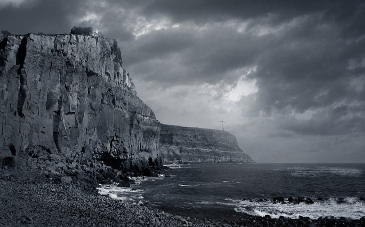 autumn, beach, black-and-white, blue, cliff, clouds, coast