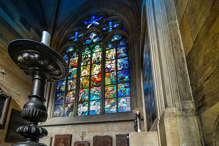 Vitus, katedrālē, Prague, iekrāso, vitrāžas, stikls, logs