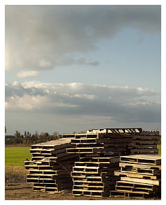 pallets, wooden pallets, sky, stacks, wooden, cargo, business