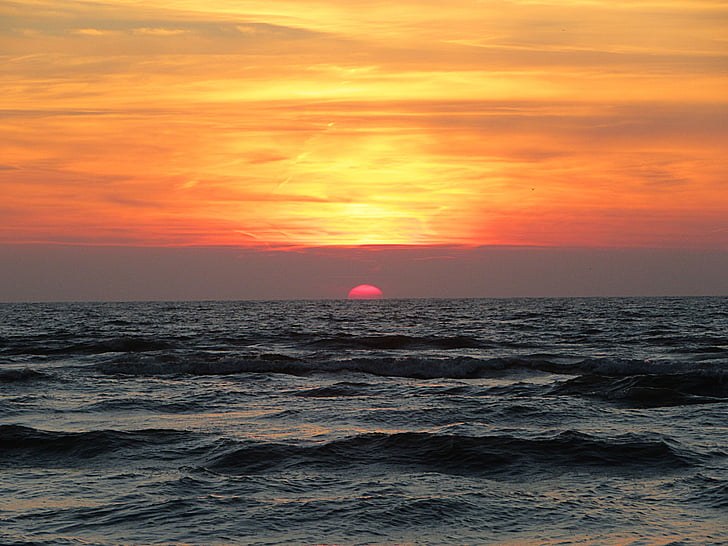 zonsondergang, zee, kleurrijke sunset, vreedzame, zon, golven, Dim