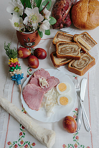 Páscoa, feriados, pequeno-almoço, comendo, pão, comida, pastelaria