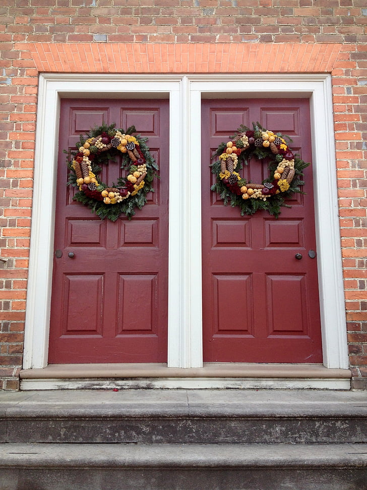 doors, wreath, christmas, holiday, decoration, season, red