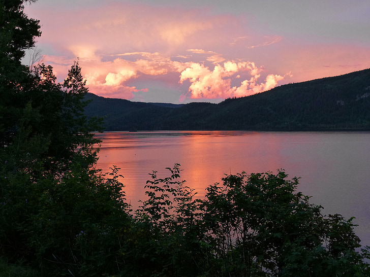 trovoada, nuvens, pôr do sol, Lago de Canim, Colúmbia Britânica, Canadá, natureza