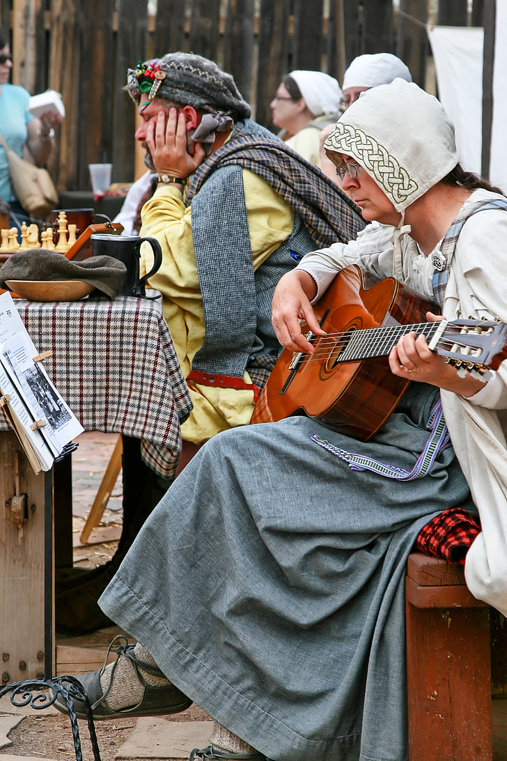 femme, homme, costume, Old-fashioned, guitare, jeu d’échecs, société