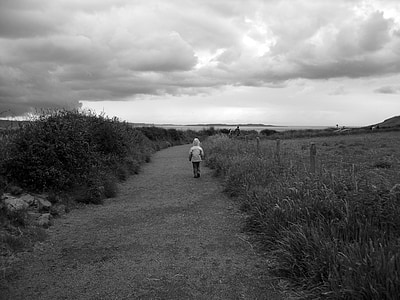 northern ireland, county antrim, girl, walking, path, sea