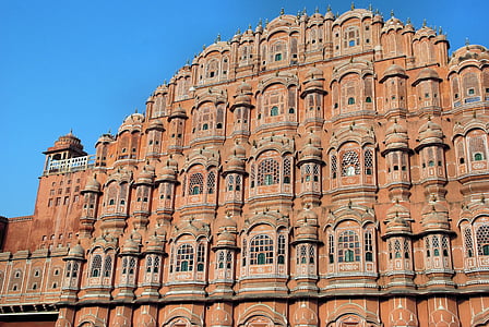 Índia, Rajastan, Jaipur, Palácio dos ventos, arenito rosa, fachada, arquitetura