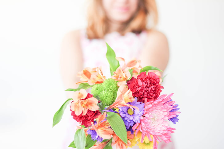 colorful, flower, bouquet, gift, people, woman, girl