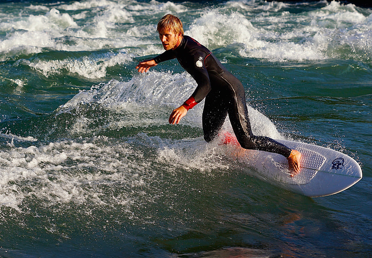 Surf, surfer, surfebrett, elven, bølge, våtdrakt, sport
