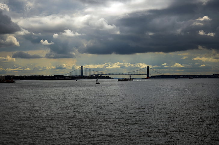 New york city, Most, řeka, město, Manhattan, lodě, lodě