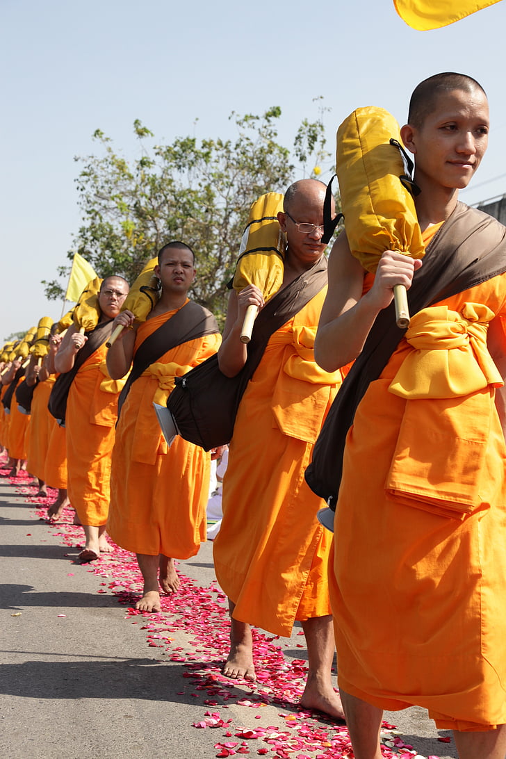buddhister, munker, buddhisme, gå, oransje, badekåper, Thai