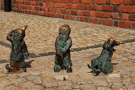 Polen, Wrocław, gnome, bild, mässing, konst, konstverk