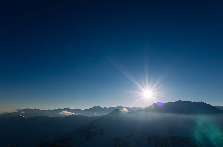 mountains, sun, sky, peak, summit, blue, sunlight